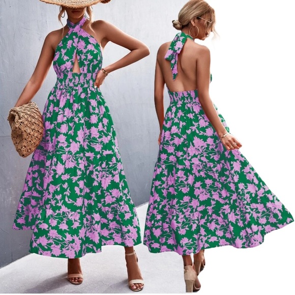 Floral Halter Maxi Dress Green Pink Tiered Vacay Cruise Ruffle Shirred Resort XL - Picture 1 of 10